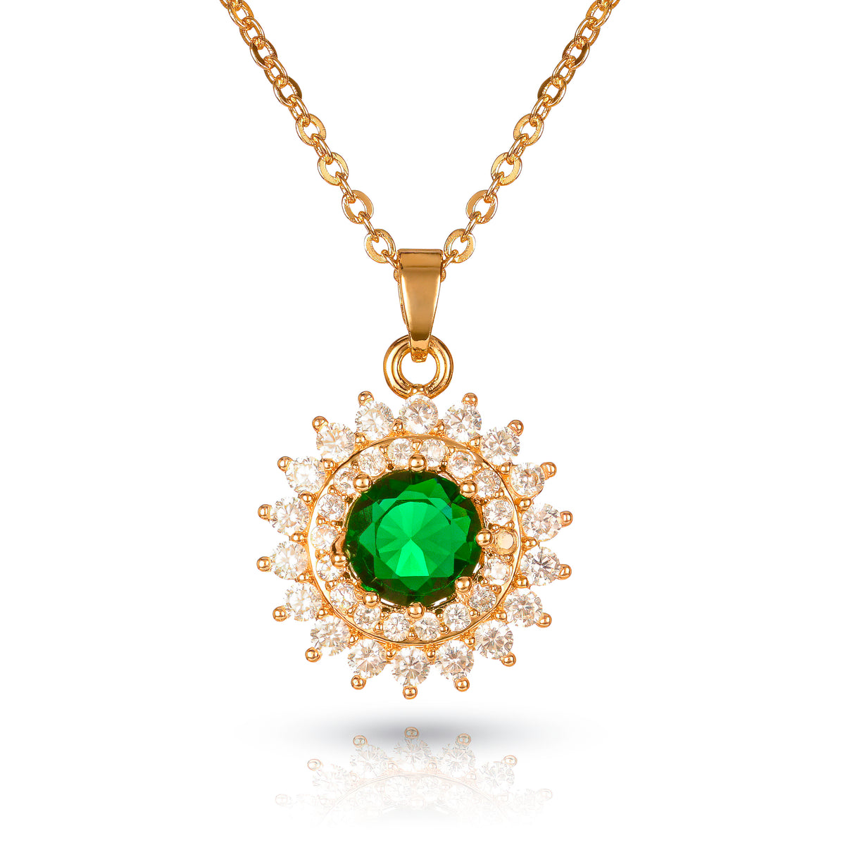 Gold Green Round Halo Pendant Necklace With Green Crystal For Women