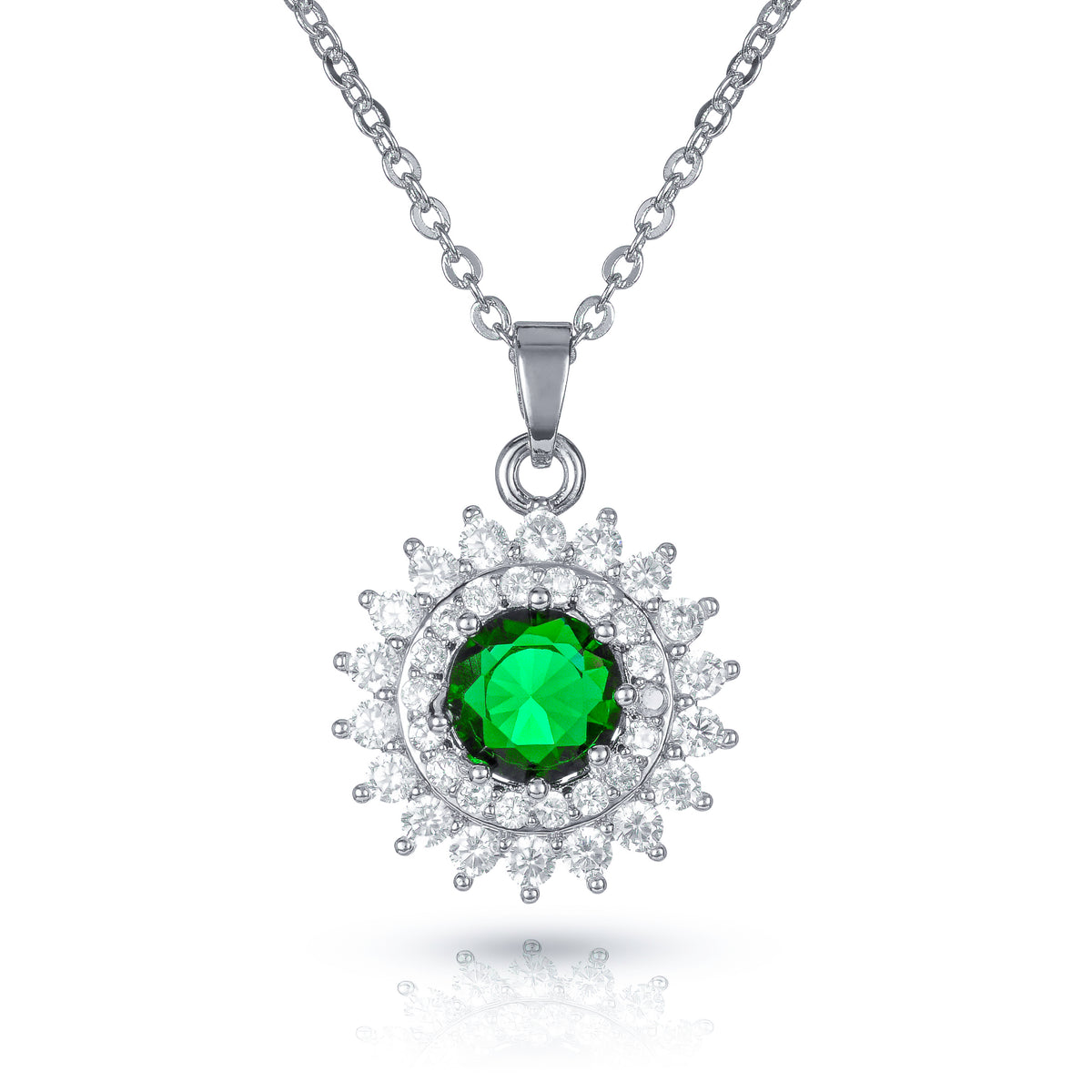 Green Silver Round Halo Pendant Necklace With Green Crystal For Women