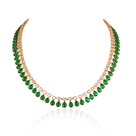 Green Crystal Necklace with Round & Pear Shaped Cubic Zirconia Stones For Women