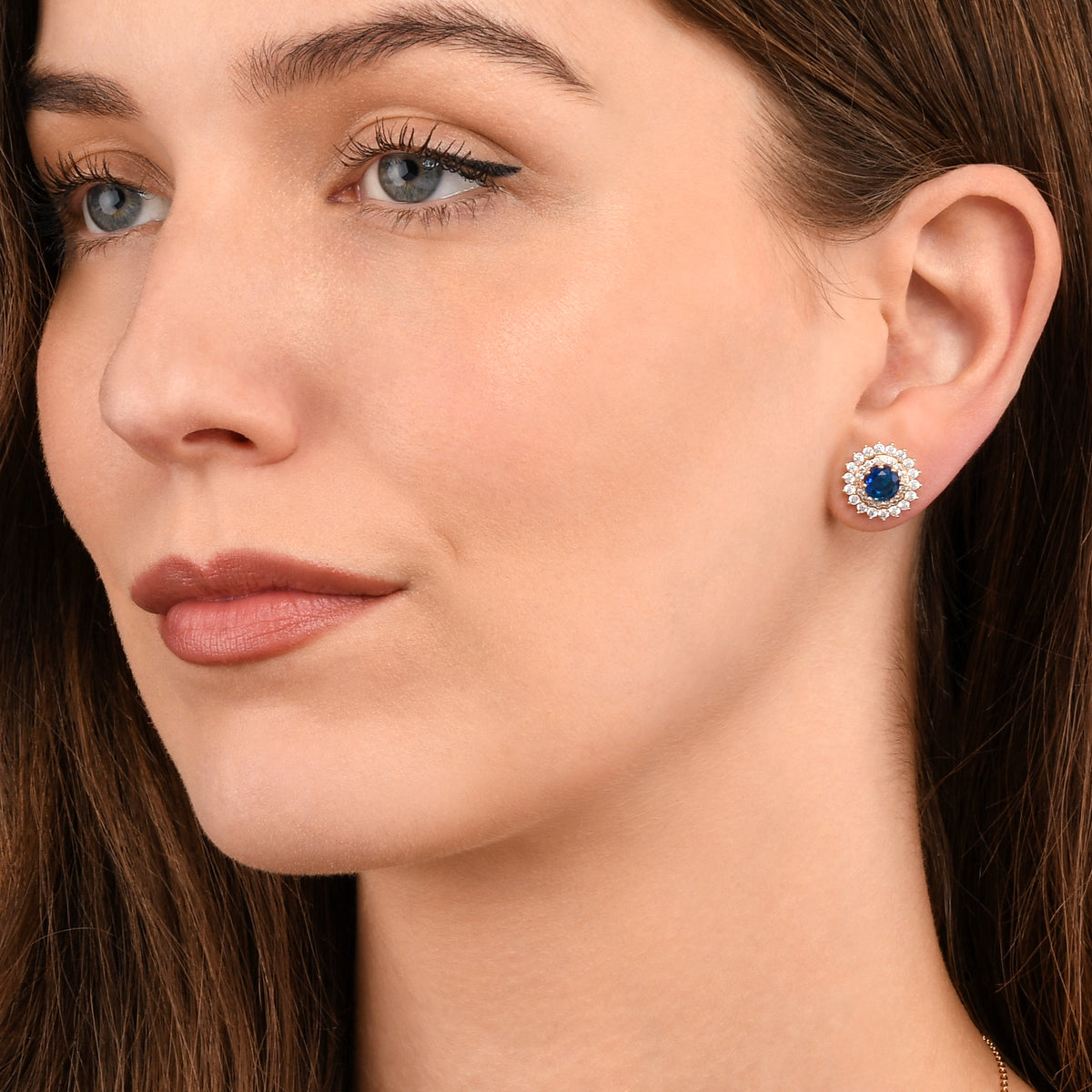 Gold Blue Round Halo Stud Earrings With Aqua Blue Crystal For Women