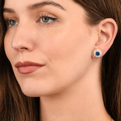 Gold Blue Round Halo Stud Earrings With Aqua Blue Crystal For Women