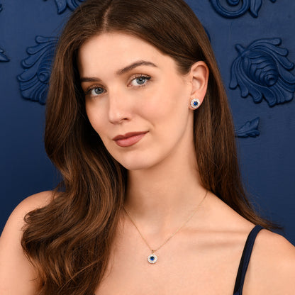 Gold Blue Round Halo Pendant Necklace With Aqua Blue Crystal For Women