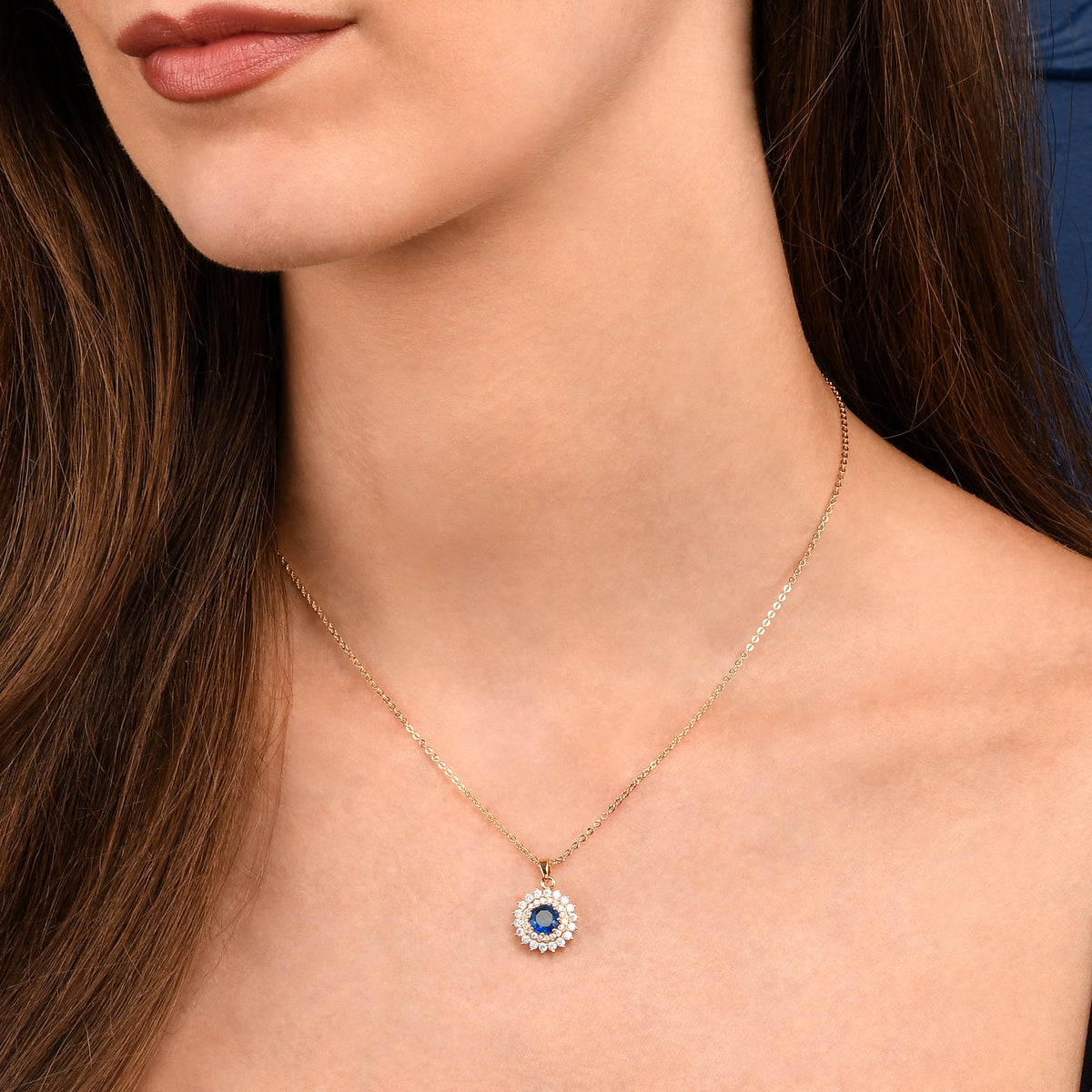 Gold Blue Round Halo Pendant Necklace With Aqua Blue Crystal For Women
