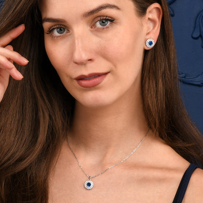 Blue Silver Round Halo Pendant Necklace With Aqua Blue Crystal For Women