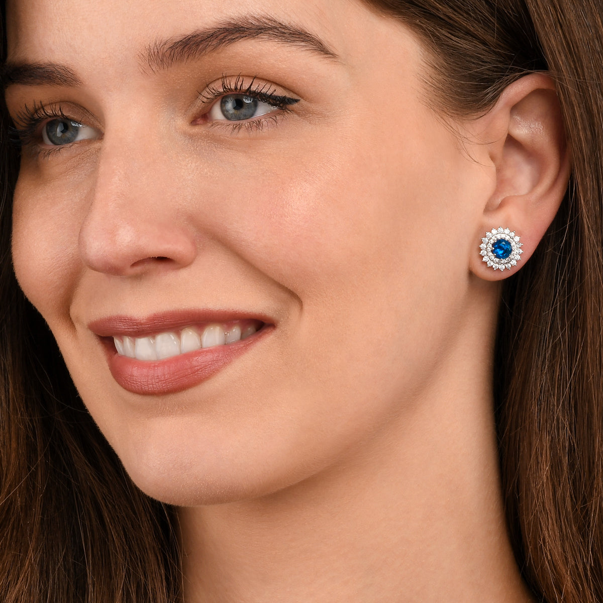 Blue Silver Round Halo Stud Earrings With Aqua Blue Crystal For Women