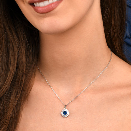 Blue Silver Round Halo Pendant Necklace With Aqua Blue Crystal For Women