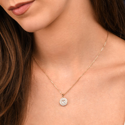 Gold Round Halo Pendant Necklace For Women With Cubic Zirconia Stones