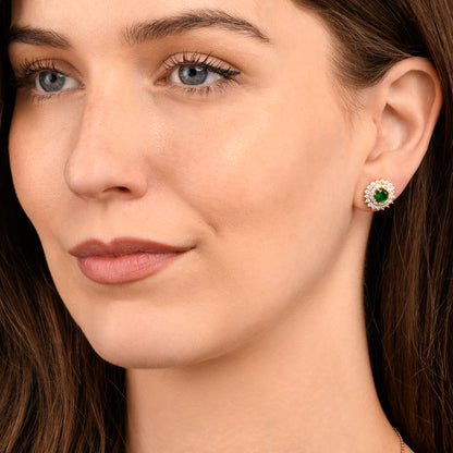Gold Green Round Halo Stud Earrings With Green Crystal For Women
