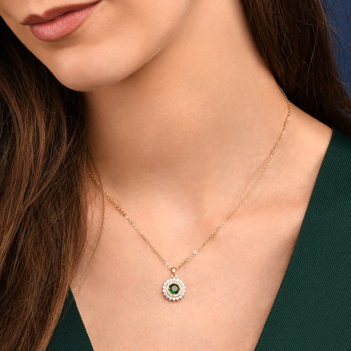 Gold Green Round Halo Pendant Necklace With Green Crystal For Women