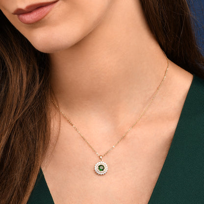 Gold Green Round Halo Pendant Necklace With Green Crystal For Women