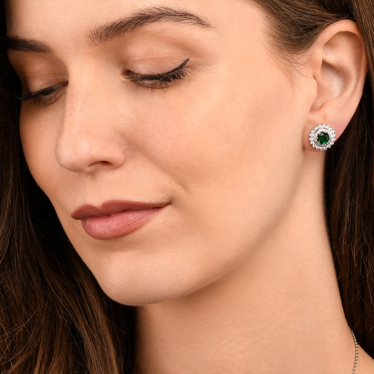 Green Silver Round Halo Stud Earrings With Green Crystal For Women