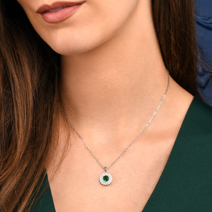 Green Silver Round Halo Pendant Necklace With Green Crystal For Women