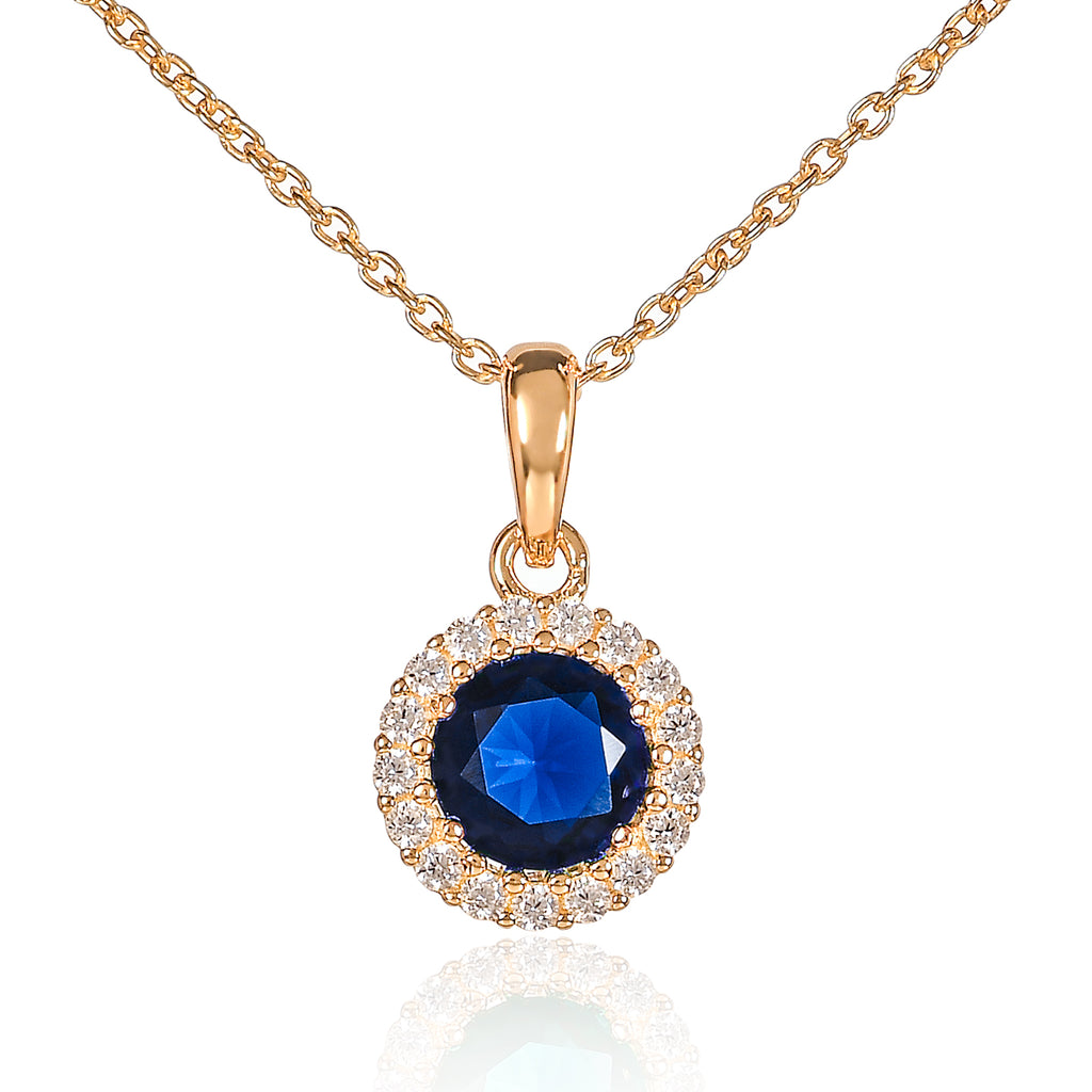 Gold Plated 925 Sterling Silver Blue Round Halo Pendant Necklace For Women