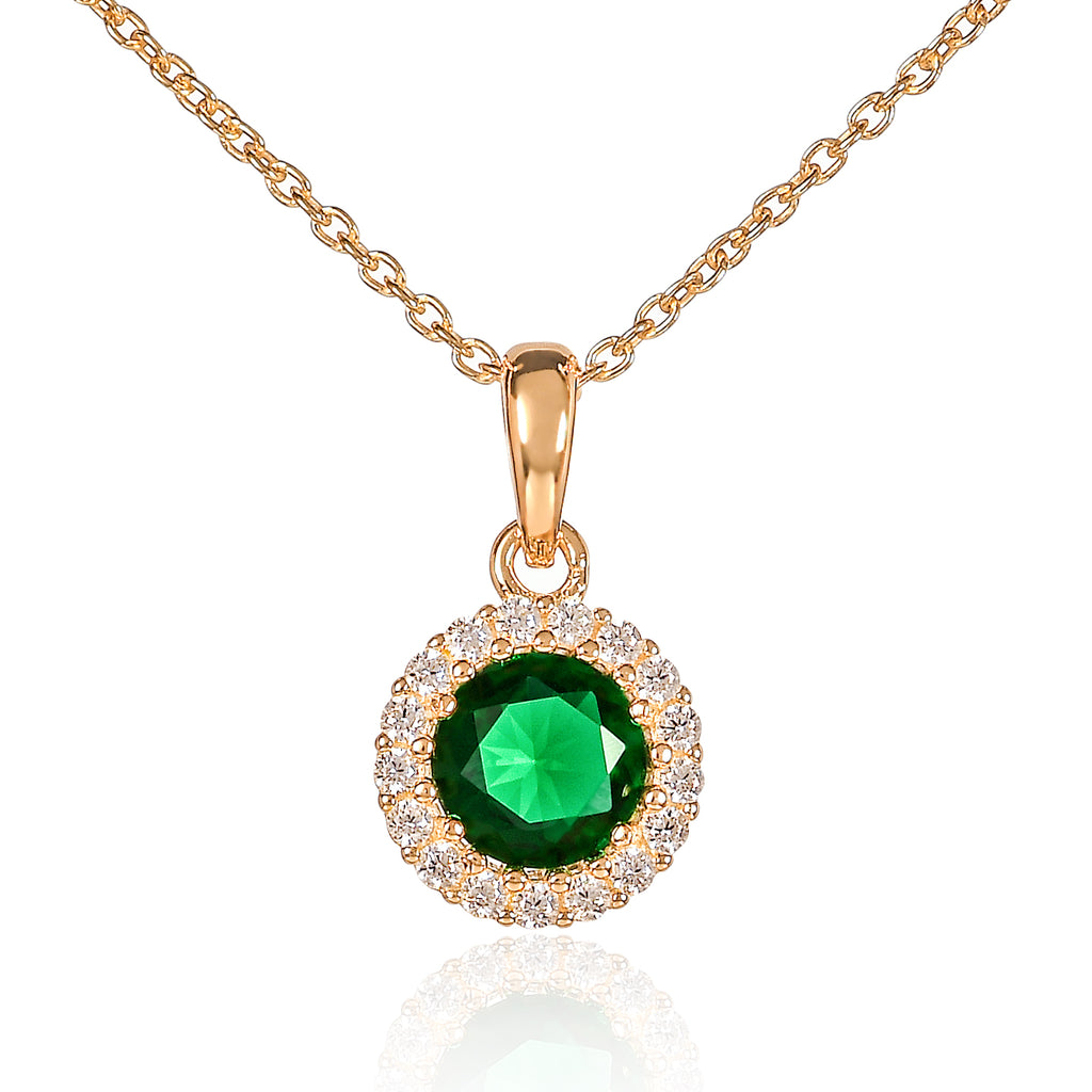 Gold Plated 925 Sterling Silver Green Round Halo Pendant Necklace For Women