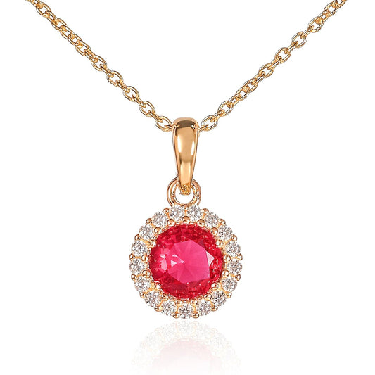 Gold Plated 925 Sterling Silver Red Round Halo Pendant Necklace For Women