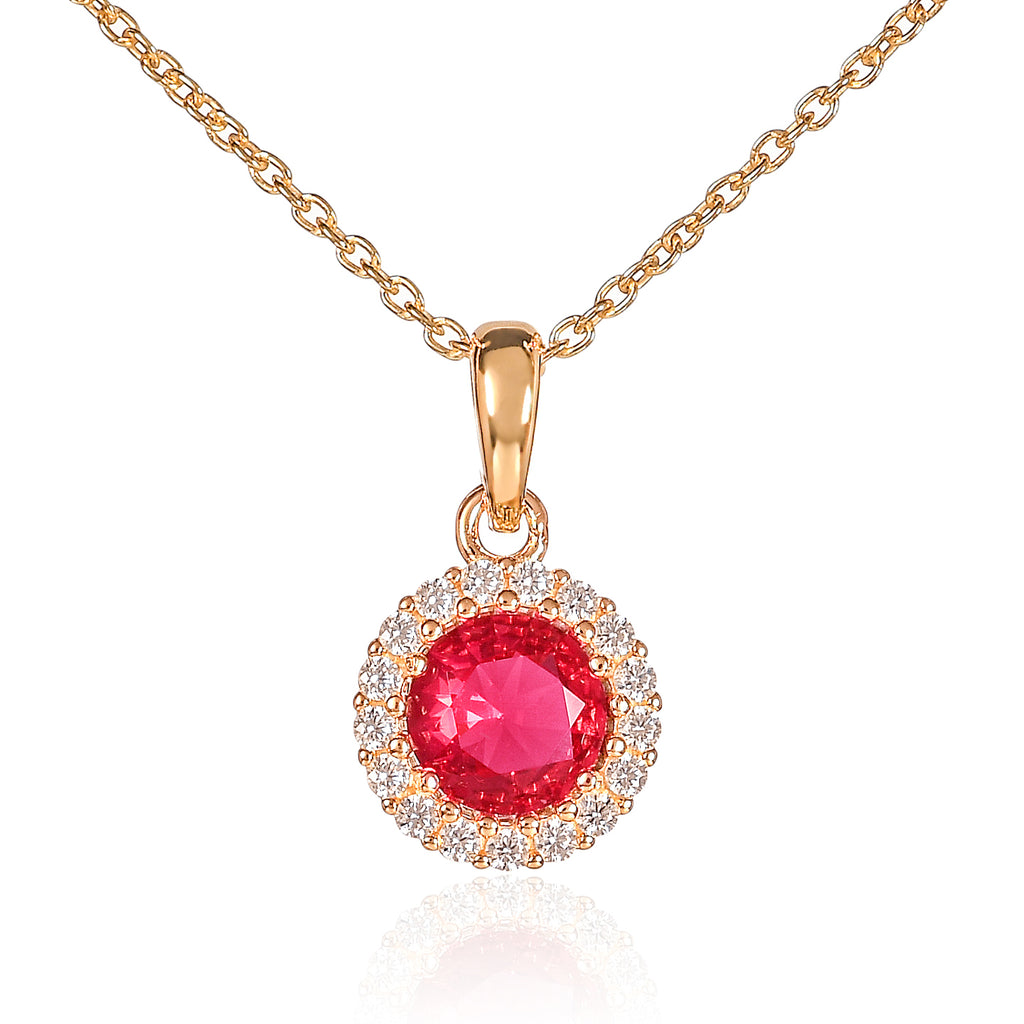 Gold Plated 925 Sterling Silver Red Round Halo Pendant Necklace For Women