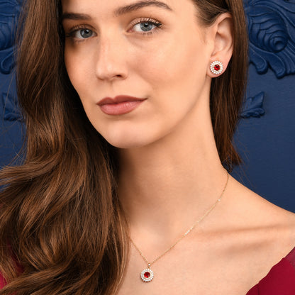 Gold Red Round Halo Pendant Necklace With Red Crystal For Women