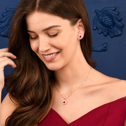 Gold Red Round Halo Pendant Necklace With Red Crystal For Women