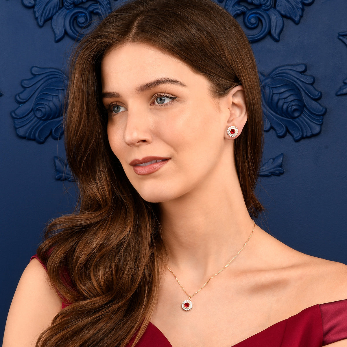 Gold Red Round Halo Stud Earrings With Red Crystal For Women