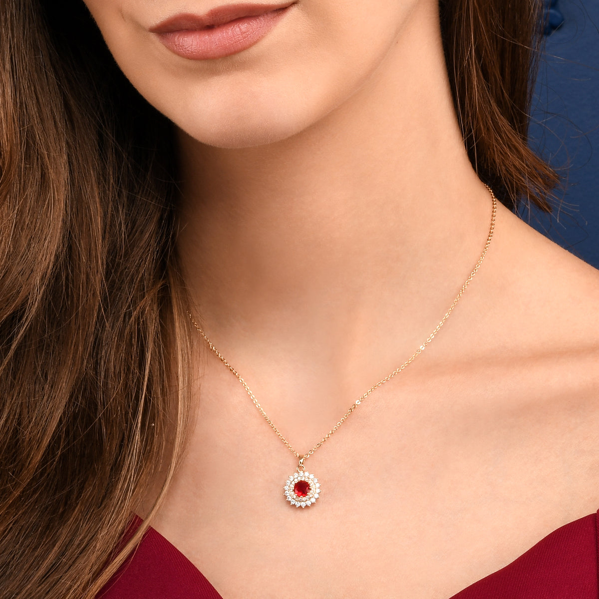 Gold Red Round Halo Pendant Necklace With Red Crystal For Women