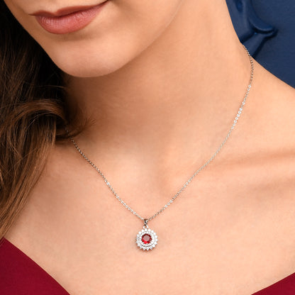 Red Silver Round Halo Pendant Necklace With Red Crystal For Women