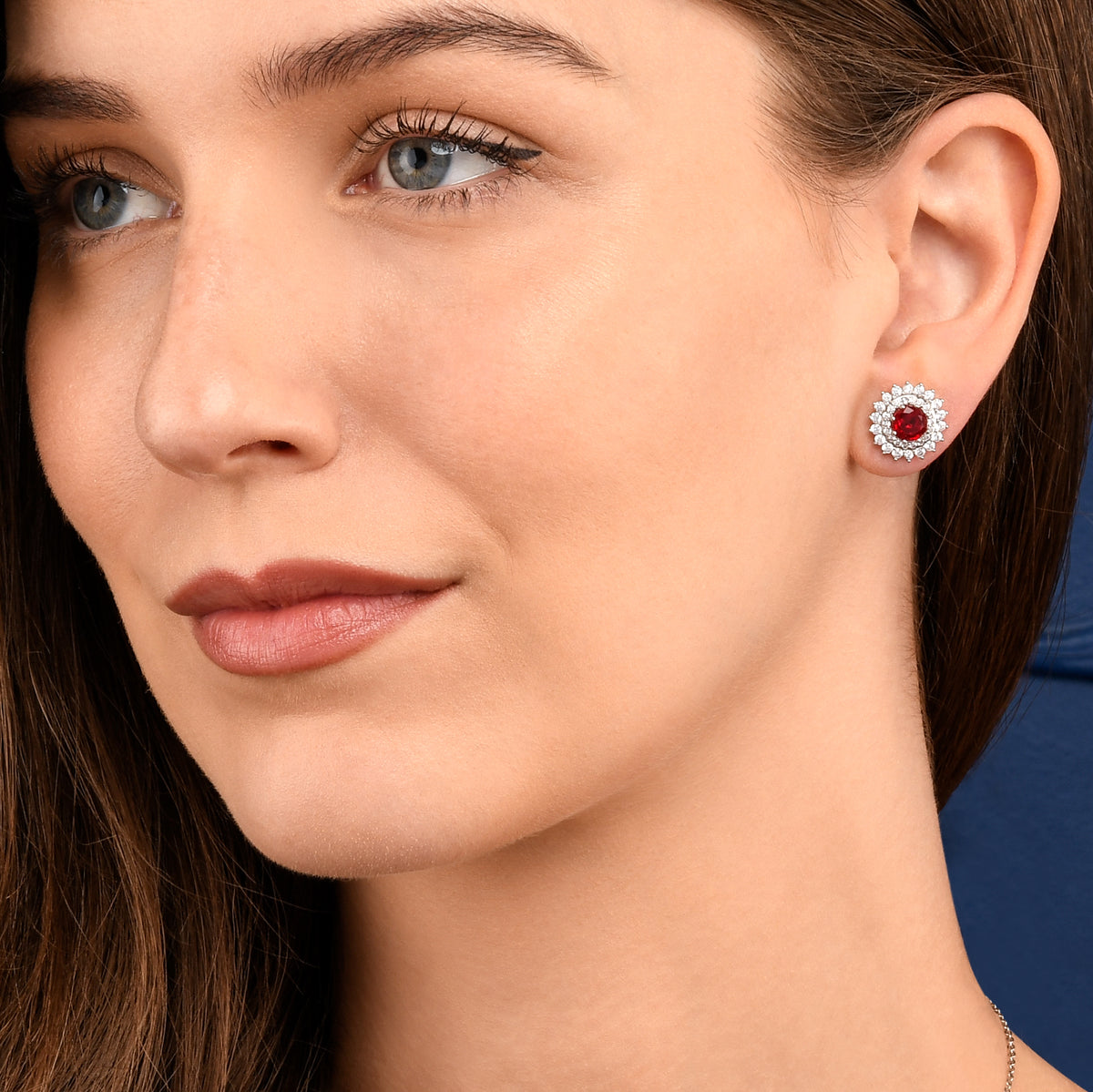 Red Silver Round Halo Stud Earrings With Red Crystal For Women