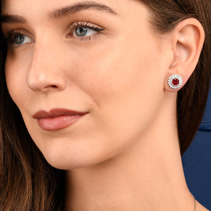 Red Silver Round Halo Stud Earrings With Red Crystal For Women