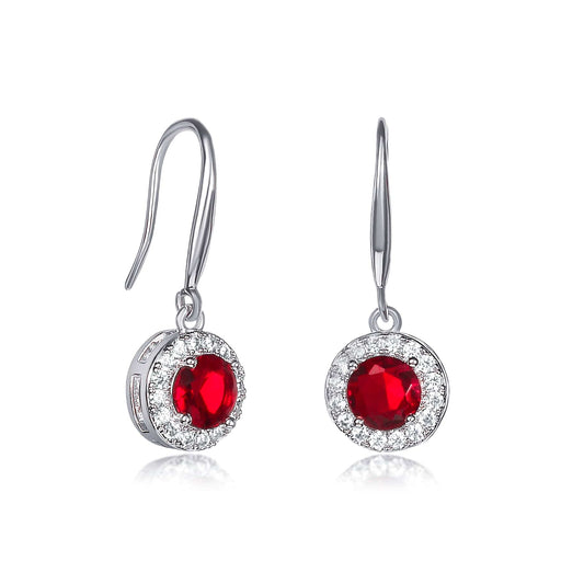Silver Round Red Halo Drop Earrings With Cubic Zirconia Stones for women