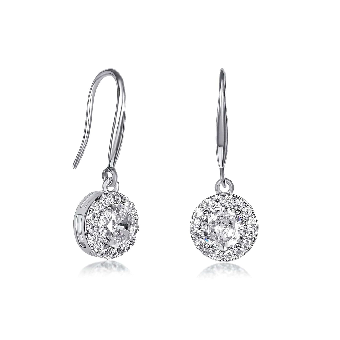 Silver Round Halo Drop Earrings with Clear Cubic Zirconia Stones for women