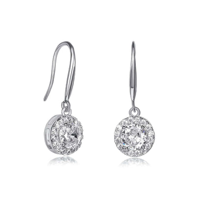 Silver Round Halo Drop Earrings with Clear Cubic Zirconia Stones for women