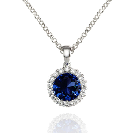 Halo Pendant Necklace with a Blue Cubic Zirconia Stone