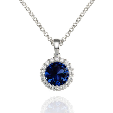 Halo Pendant Necklace with a Blue Cubic Zirconia Stone