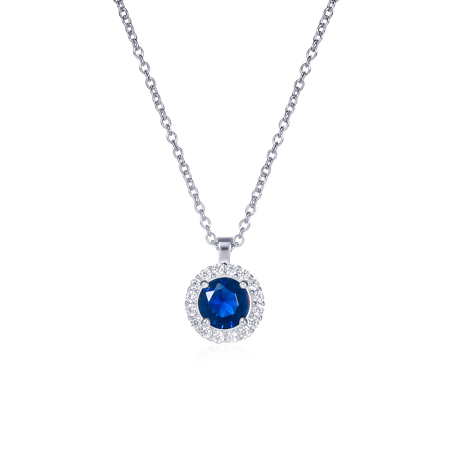 925 Sterling Silver Blue Cubic Zirconia Round Halo Pendant Necklace