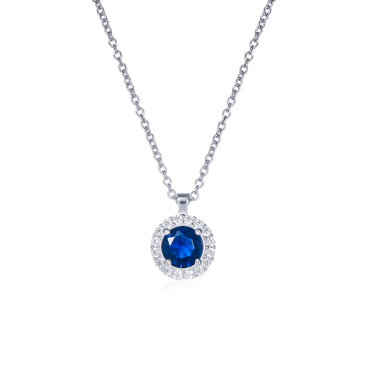 925 Sterling Silver Blue Cubic Zirconia Round Halo Pendant Necklace