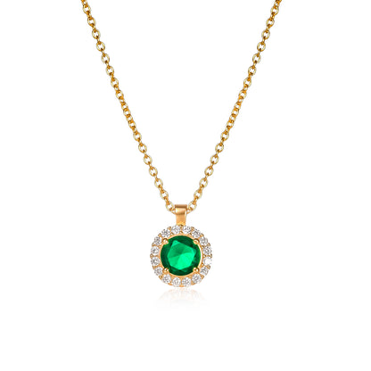 Gold Plated Sterling Silver Green Cubic Zirconia Round Halo Pendant Necklace