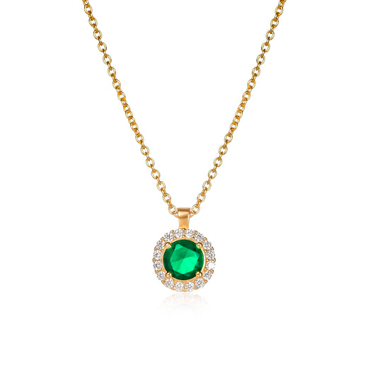 Gold Plated Sterling Silver Green Cubic Zirconia Round Halo Pendant Necklace