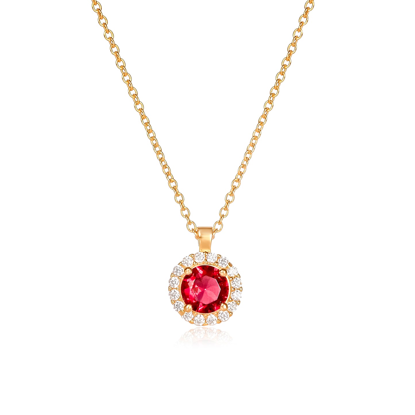 Gold Plated Sterling Silver Red Cubic Zirconia Round Halo Pendant Necklace