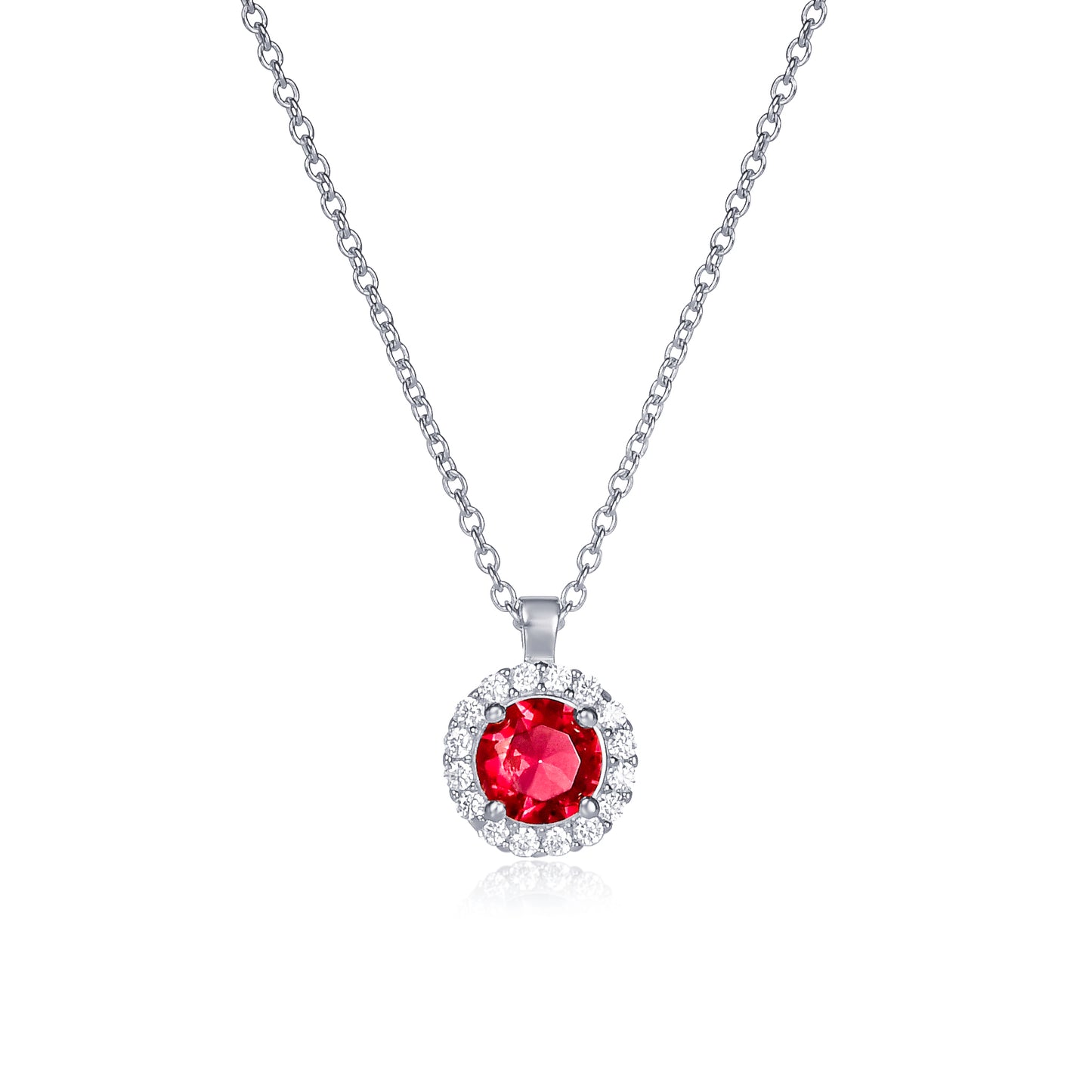925 Sterling Silver Red Cubic Zirconia Round Halo Pendant Necklace