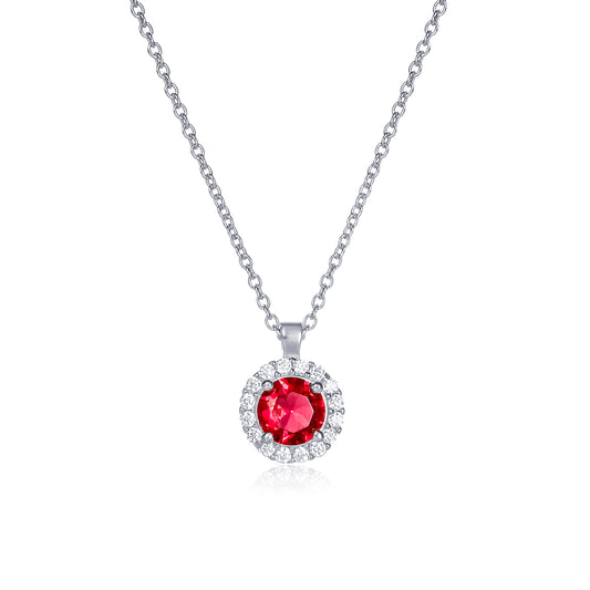 925 Sterling Silver Red Cubic Zirconia Round Halo Pendant Necklace