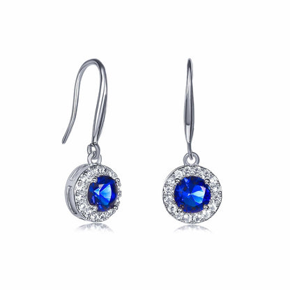Silver Round Blue Halo Drop Earrings With Cubic Zirconia Stones for women