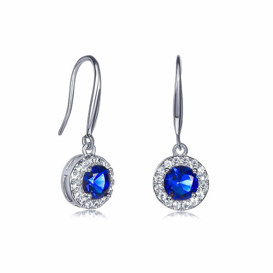 Silver Round Blue Halo Drop Earrings With Cubic Zirconia Stones for women