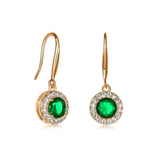 Gold Plated Round Green Halo Drop Earrings with Cubic Zirconia Stones for women