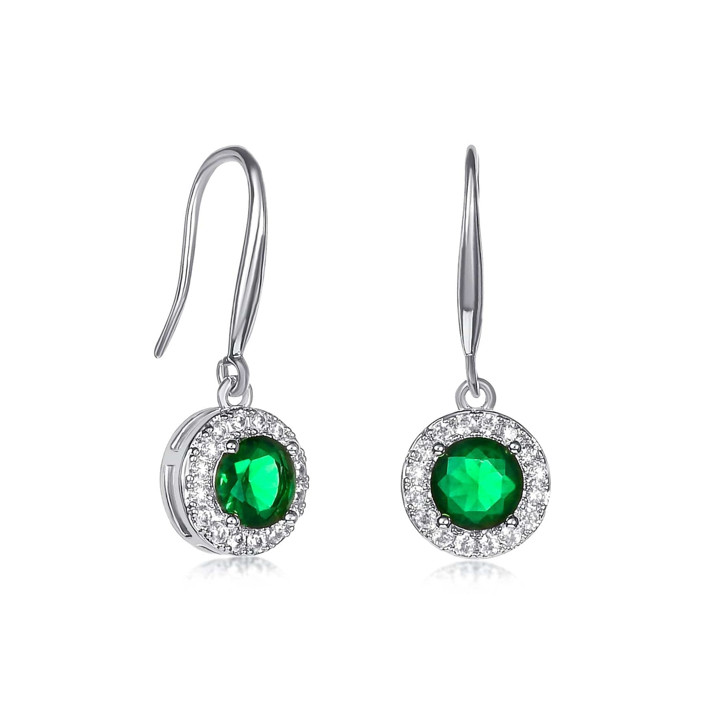 Silver Round Green Halo Drop Earrings With Cubic Zirconia Stones for women