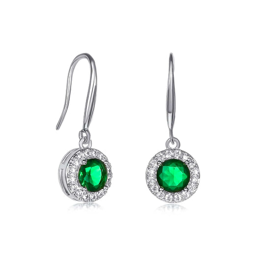 Silver Round Green Halo Drop Earrings With Cubic Zirconia Stones for women