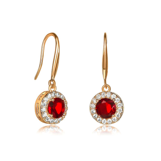 Gold Plated Round Red Halo Drop Earrings with Cubic Zirconia Stones for women