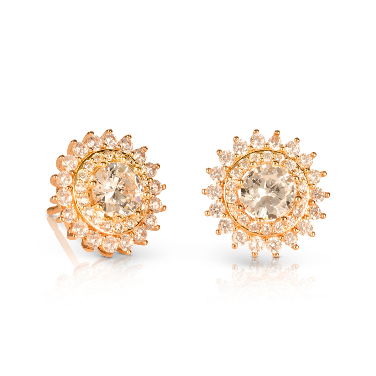 Gold Round Halo Stud Earrings For Women With Cubic Zirconia Stones