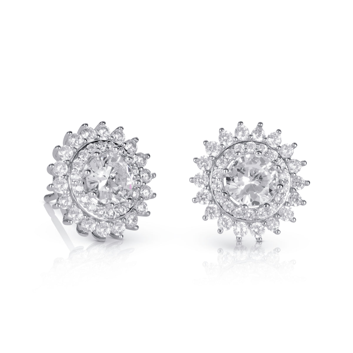Silver Round Halo Stud Earrings For Women With Cubic Zirconia Stones