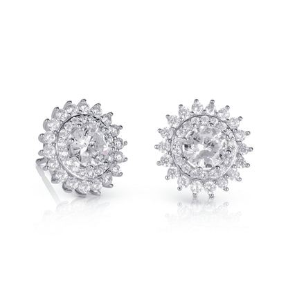 Silver Round Halo Stud Earrings For Women With Cubic Zirconia Stones