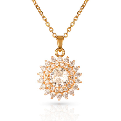 Gold Round Halo Pendant Necklace For Women With Cubic Zirconia Stones