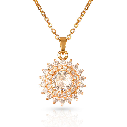 Gold Round Halo Pendant Necklace For Women With Cubic Zirconia Stones
